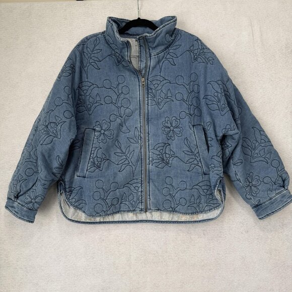 Sundance Jacket Womens Large Blue Denim Quilted Embroidered Floral Zip Front - Picture 1 of 10